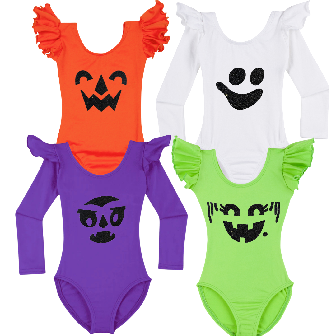 Ruffle sleeve leotards in the colors orange, white, purple and lime green with variety of nostalgic Halloween faces.