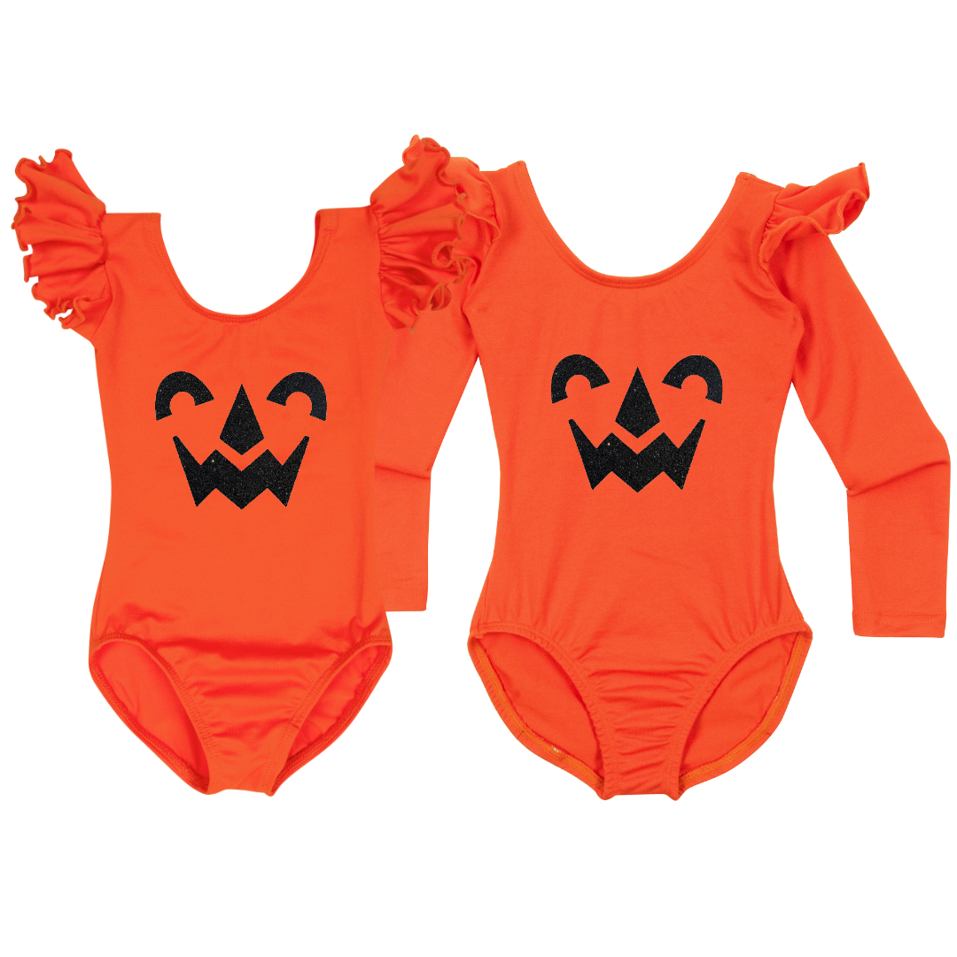 Orange ruffle sleeve leotards with variety of nostalgic Halloween faces.