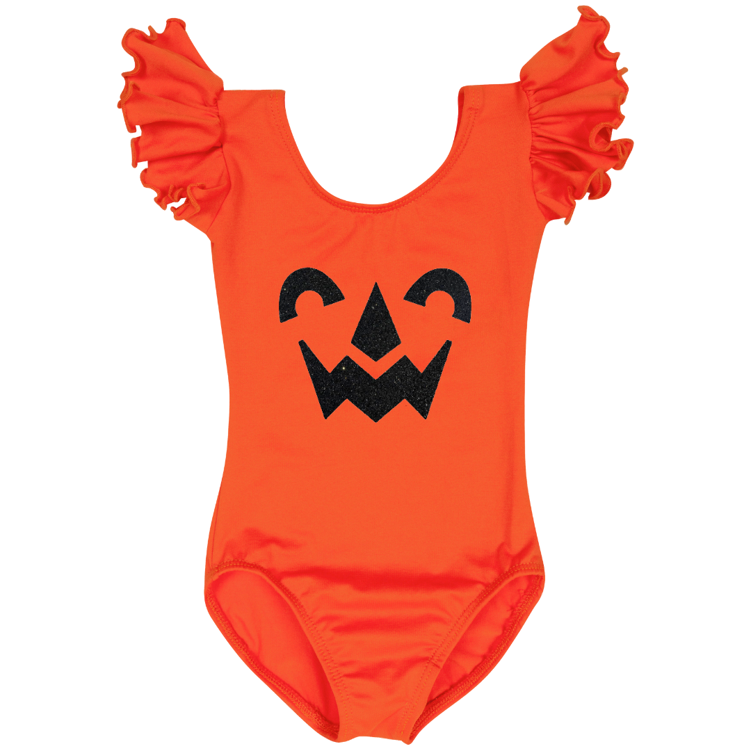 Orange ruffle short sleeve leotard with a nostalgic Halloween face.
