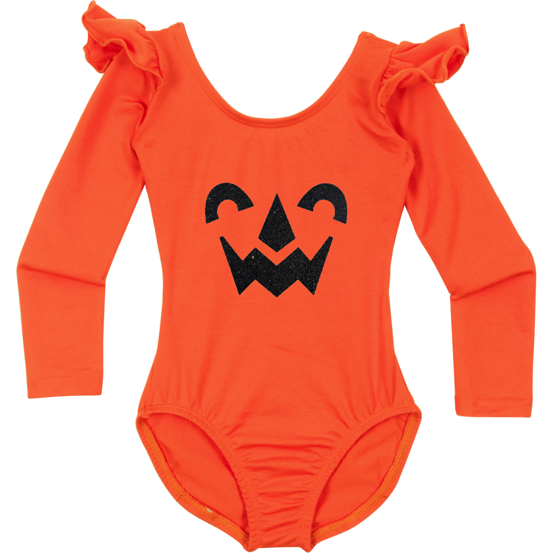 Orange ruffle long sleeve leotard with a nostalgic Halloween face.