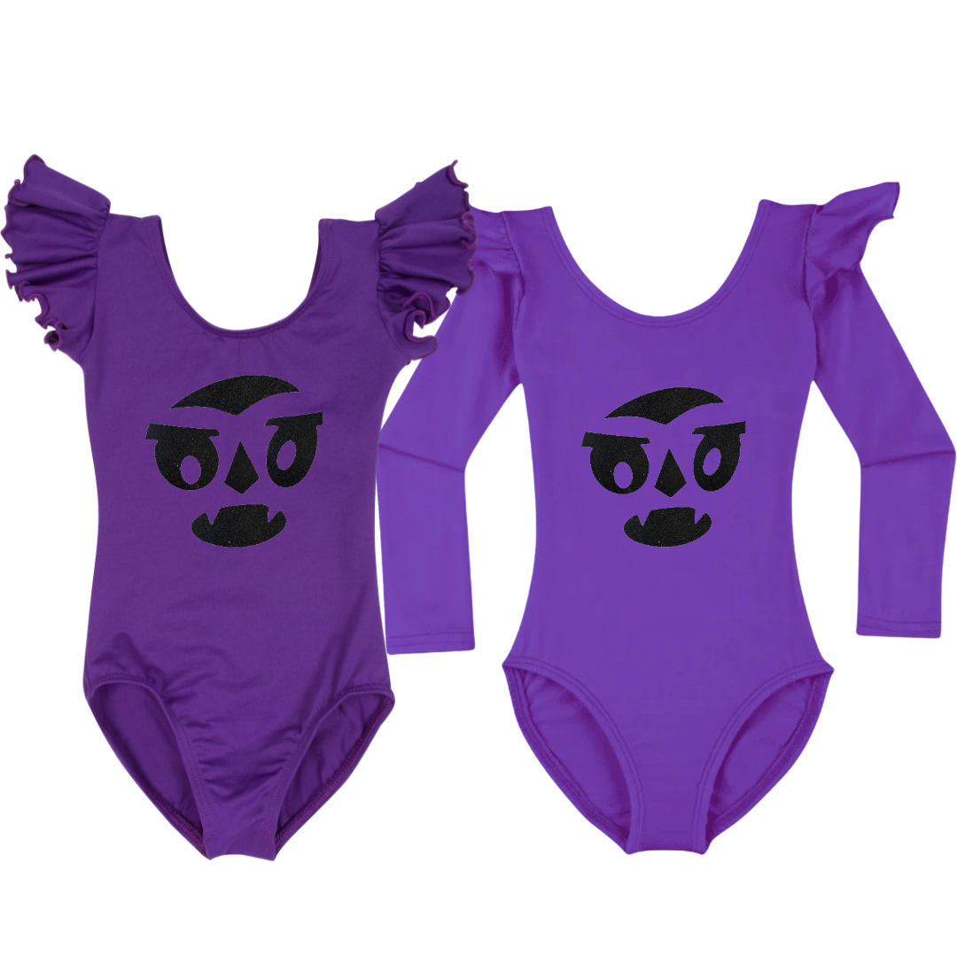Purple ruffle sleeve leotards with variety of nostalgic Halloween faces.