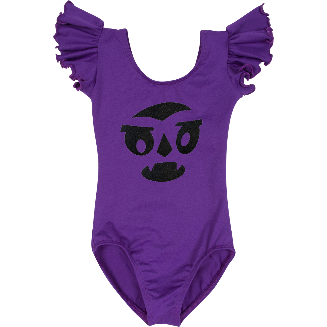 Purple ruffle short sleeve leotards with variety of a nostalgic Halloween face.