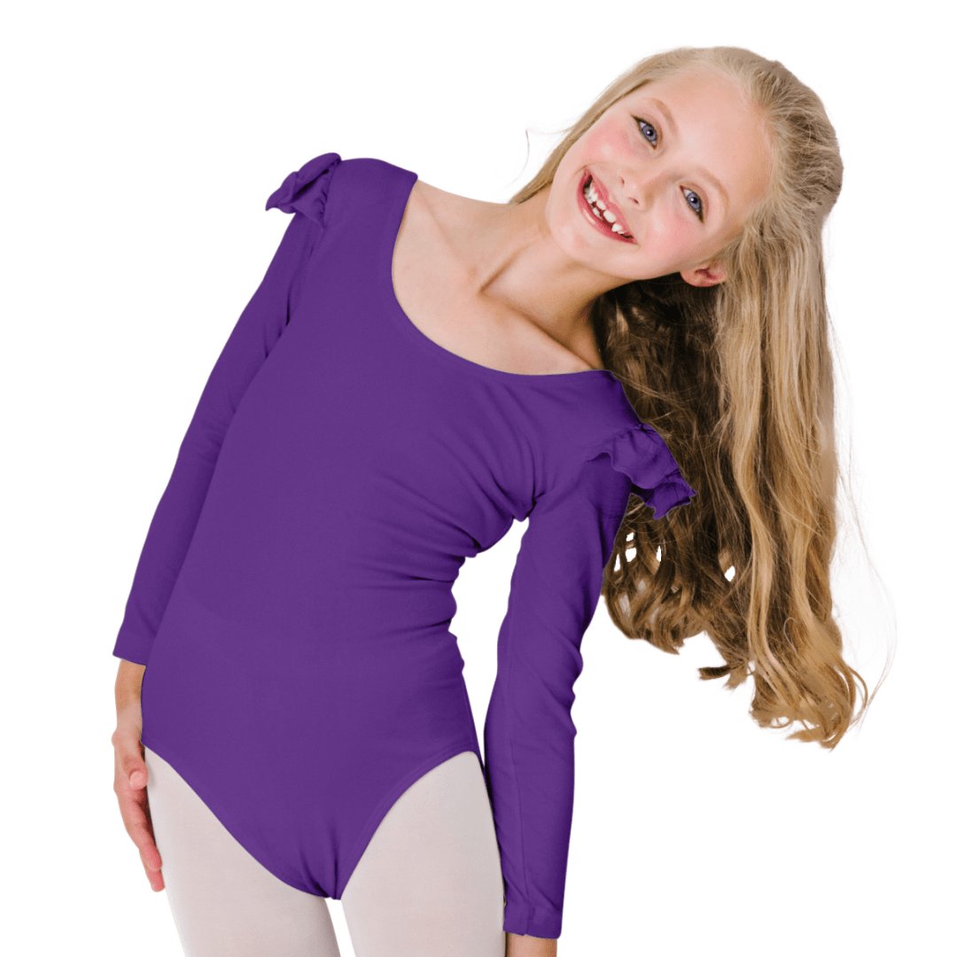 girls ruffle shoulder long sleeve leotards