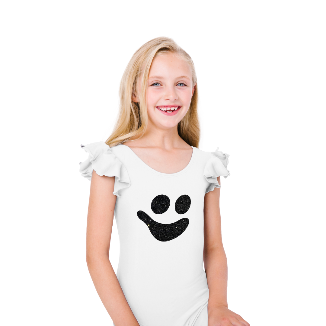 Little girl model with White short ruffle sleeve leotard with nostalgic ghost design.