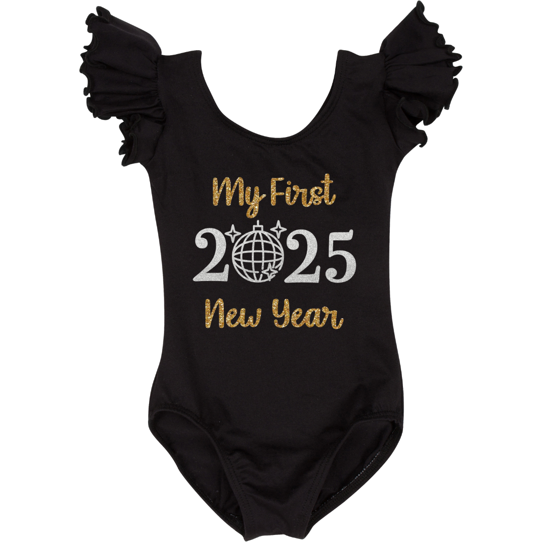Black Short Ruffle Sleeve leotard with "My first New Year 2025" in silver and gold glitter vinyl.
