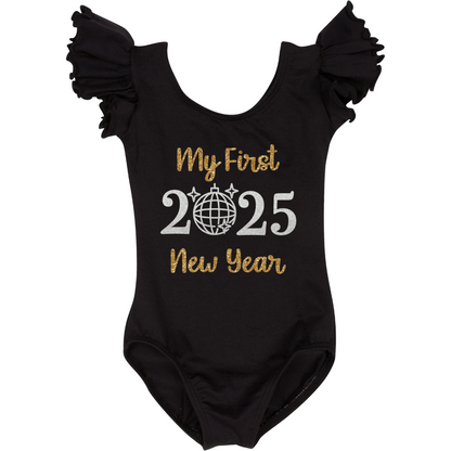 Black Short Ruffle Sleeve leotard with "My first New Year 2025" in silver and gold glitter vinyl.