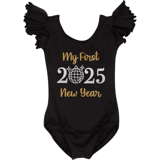 Black Short Ruffle Sleeve leotard with "My first New Year 2025" in silver and gold glitter vinyl.