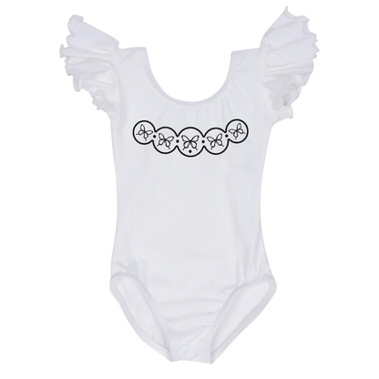 La Familia Black Glitter Design on White Short Ruffle Sleeve Leotard