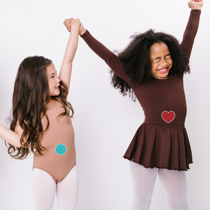 Suntan and Brown leotard on little girl models with mermaid blue glitter Troll circle and red heart design.