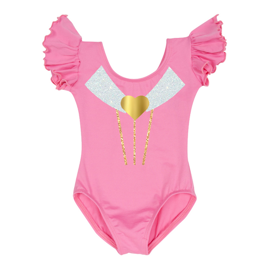 Bright Pink short ruffle sleeve leotard with Sweet Dreams Princess design.