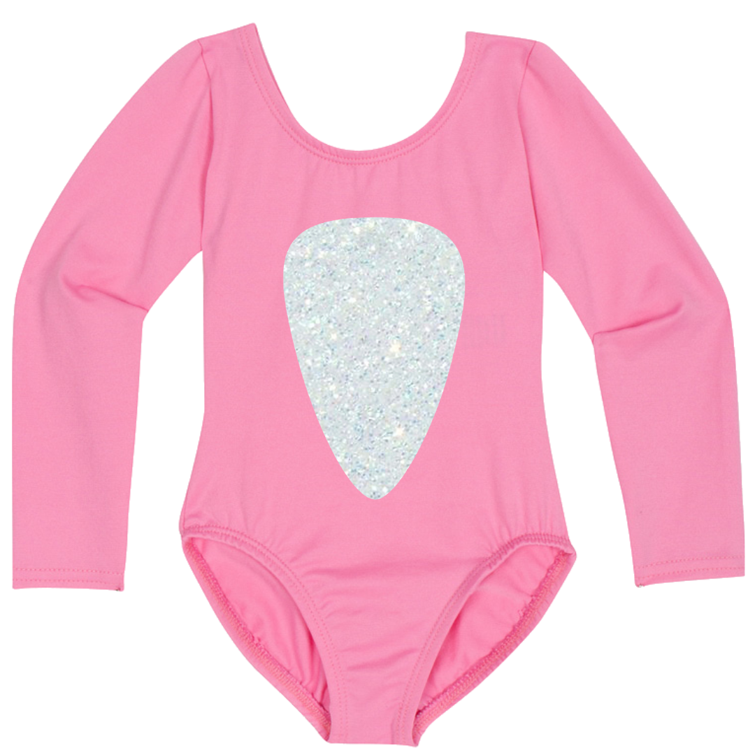 Bright Pink long sleeve leotard with a white glitter belly design inspired by Baby Shark.