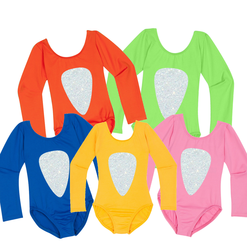 Orange, Lime, Royal Blue, Gold and Bright Pink long sleeve leotards with a white glitter belly design inspired by Baby Shark.