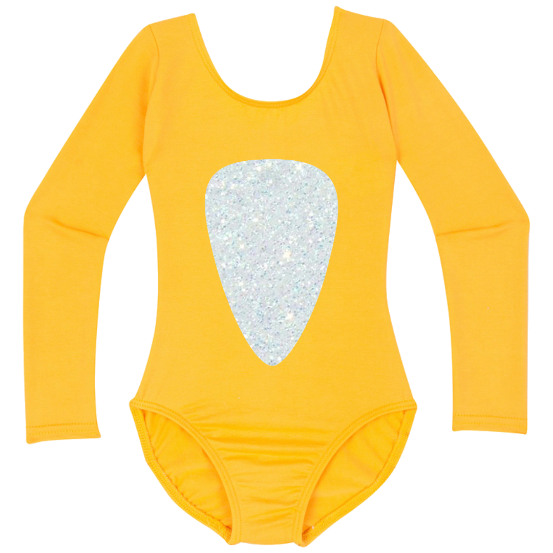  Gold long sleeve leotard with a white glitter belly design inspired by Baby Shark.