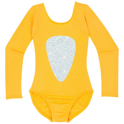  Gold long sleeve leotard with a white glitter belly design inspired by Baby Shark.