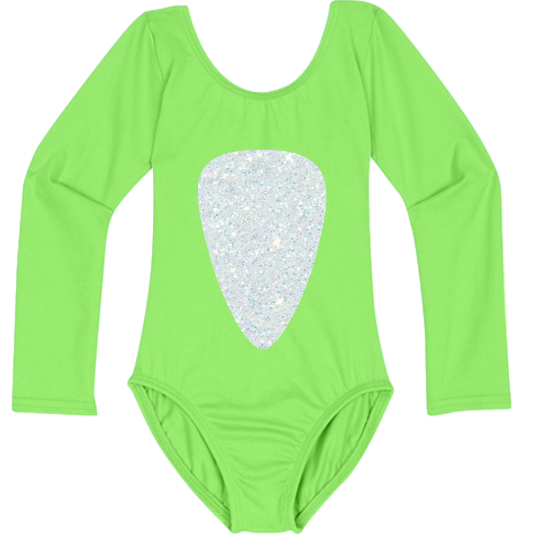 Lime long sleeve leotard with a white glitter belly design inspired by Baby Shark.