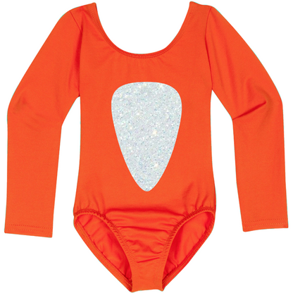 Orange long sleeve leotard with a white glitter belly design inspired by Baby Shark.