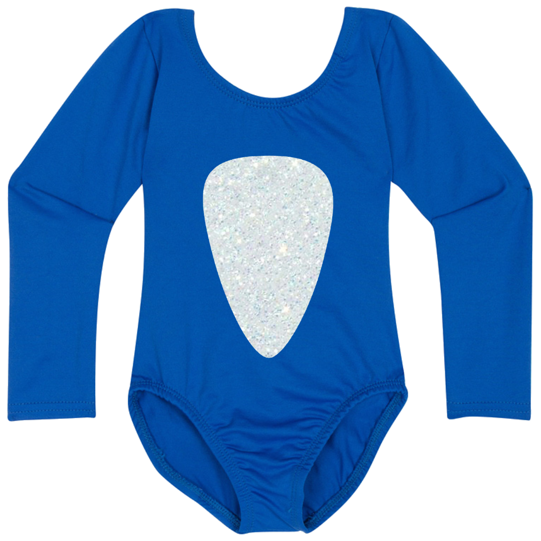 Royal Blue long sleeve leotard with a white glitter belly design inspired by Baby Shark.