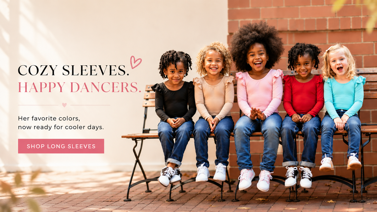Five children sitting on a bench outdoors, wearing colorful long-sleeve tops and jeans. Text on the left reads 'Cozy Sleeves.