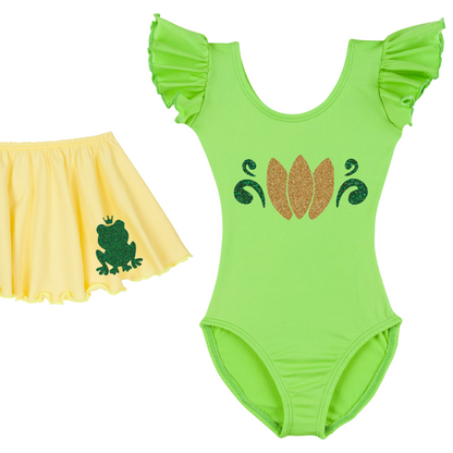 Lime Green Short Ruffle sleeve leotard and yellow skirt with Bayou Princess design.