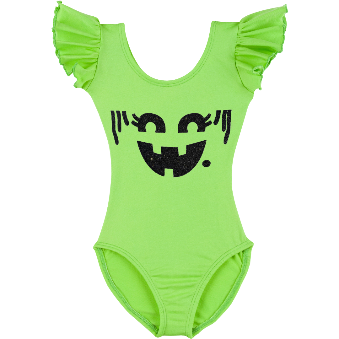 Lime green short ruffle sleeve leotard with variety of nostalgic Halloween faces. 