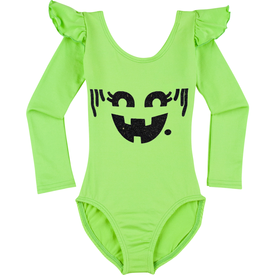 Lime green long ruffle sleeve leotard with variety of nostalgic Halloween faces. 