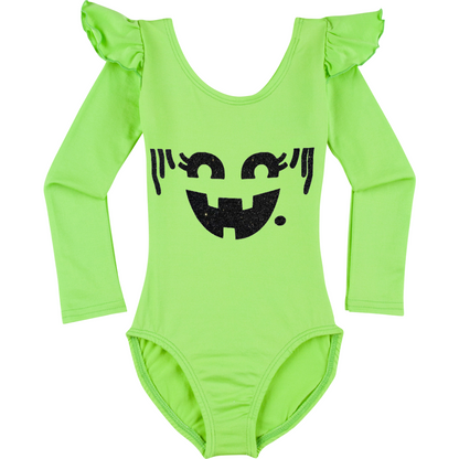 Lime green long ruffle sleeve leotard with variety of nostalgic Halloween faces. 