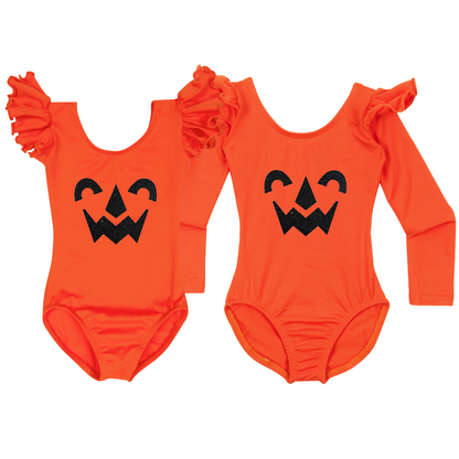 Orange ruffle sleeve leotards with variety of nostalgic Halloween faces. 