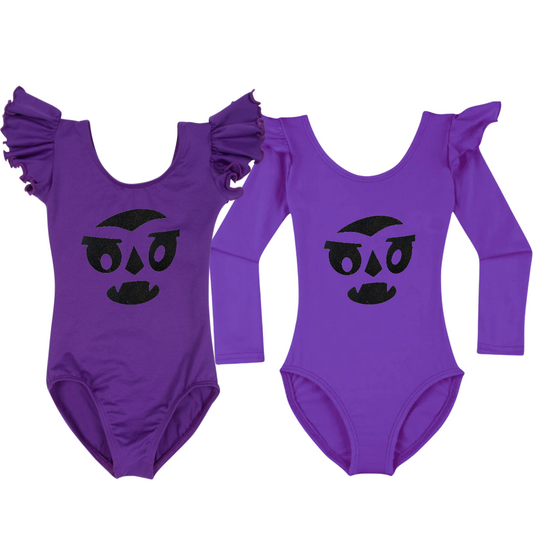 Purple ruffle sleeve leotards with variety of nostalgic Halloween faces. 