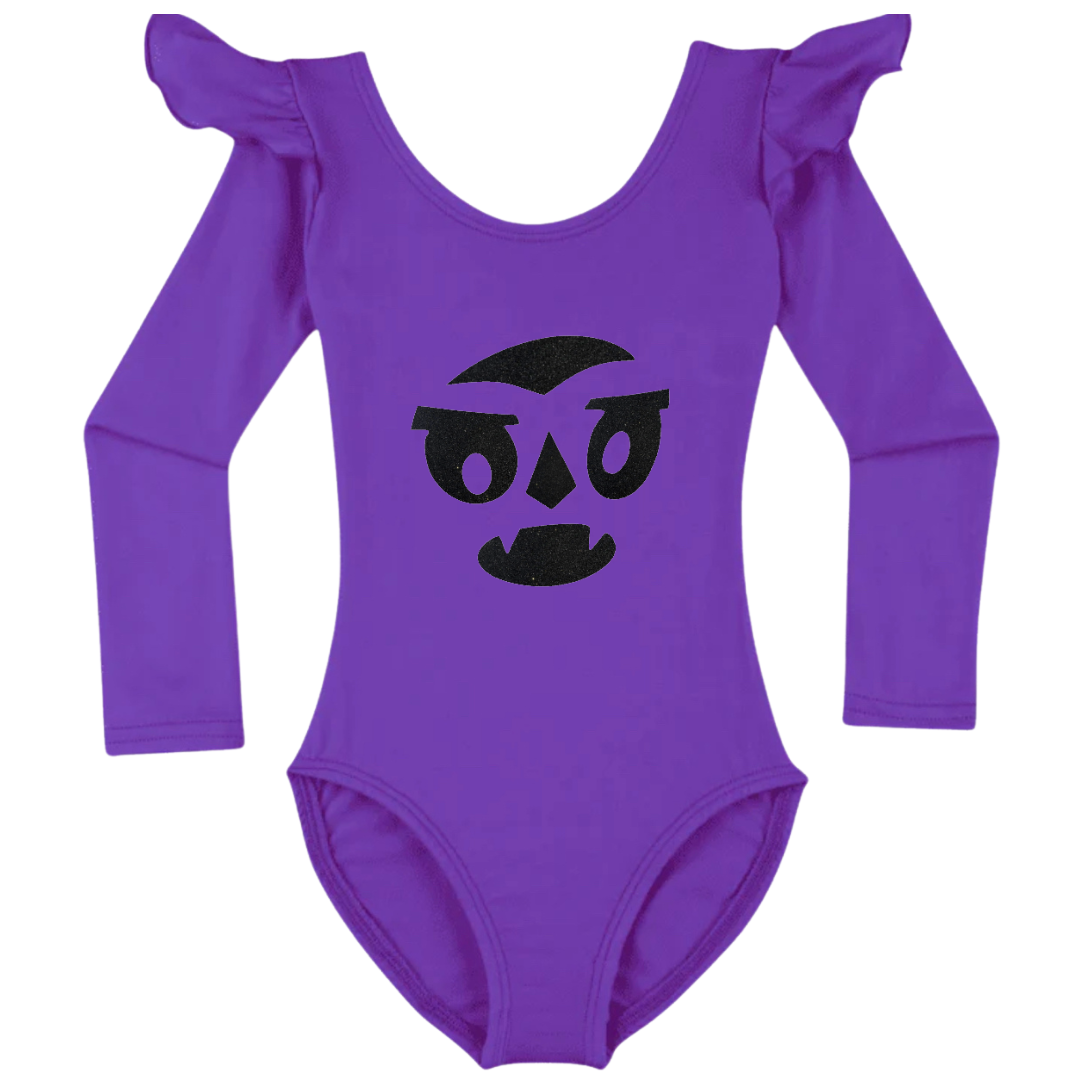 Purple ruffle long sleeve leotards with variety of a nostalgic Halloween face.