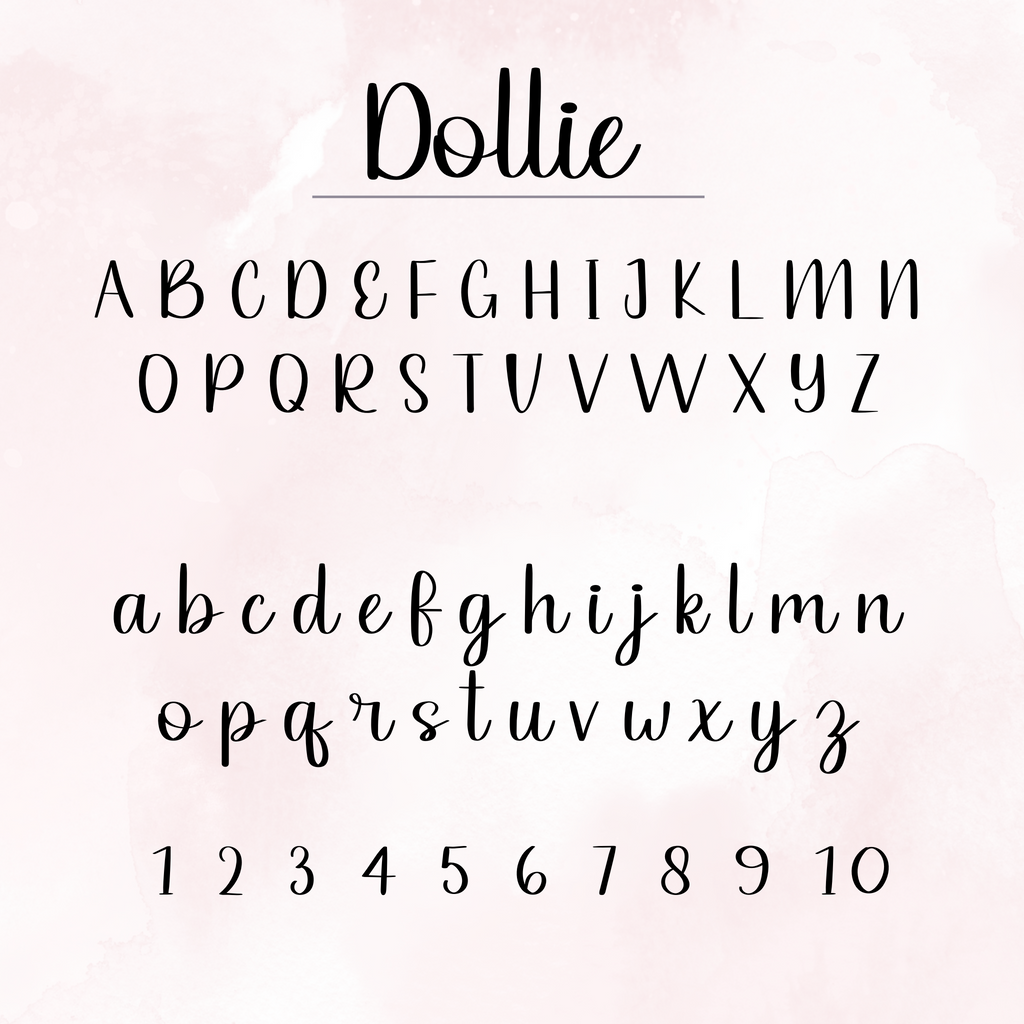 Handwritten uppercase and lowercase alphabet in a cursive font, from A to Z. The name "Dollie" is written above the alphabet in the same font.
