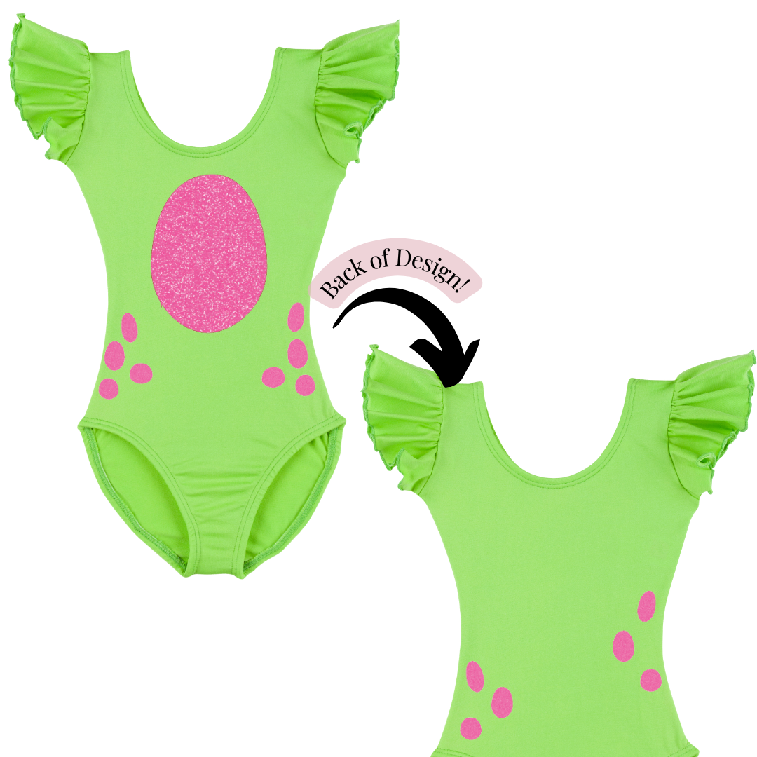 Lime Green short ruffle sleeve leotard with neon pink glitter vinyl in a dinosaur design.