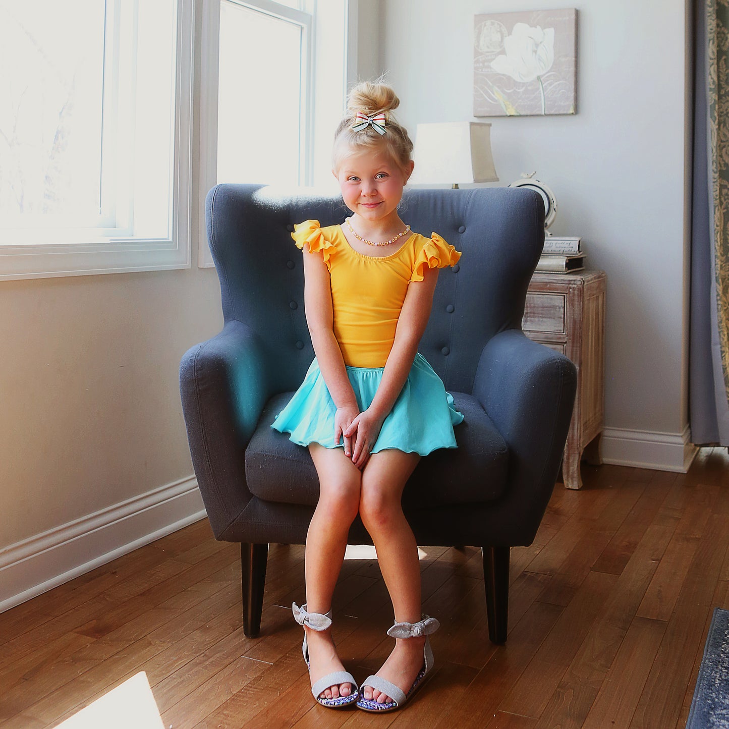 Gold Yellow Leotard with Flutter/Ruffle Short Sleeves for Toddler & Girls