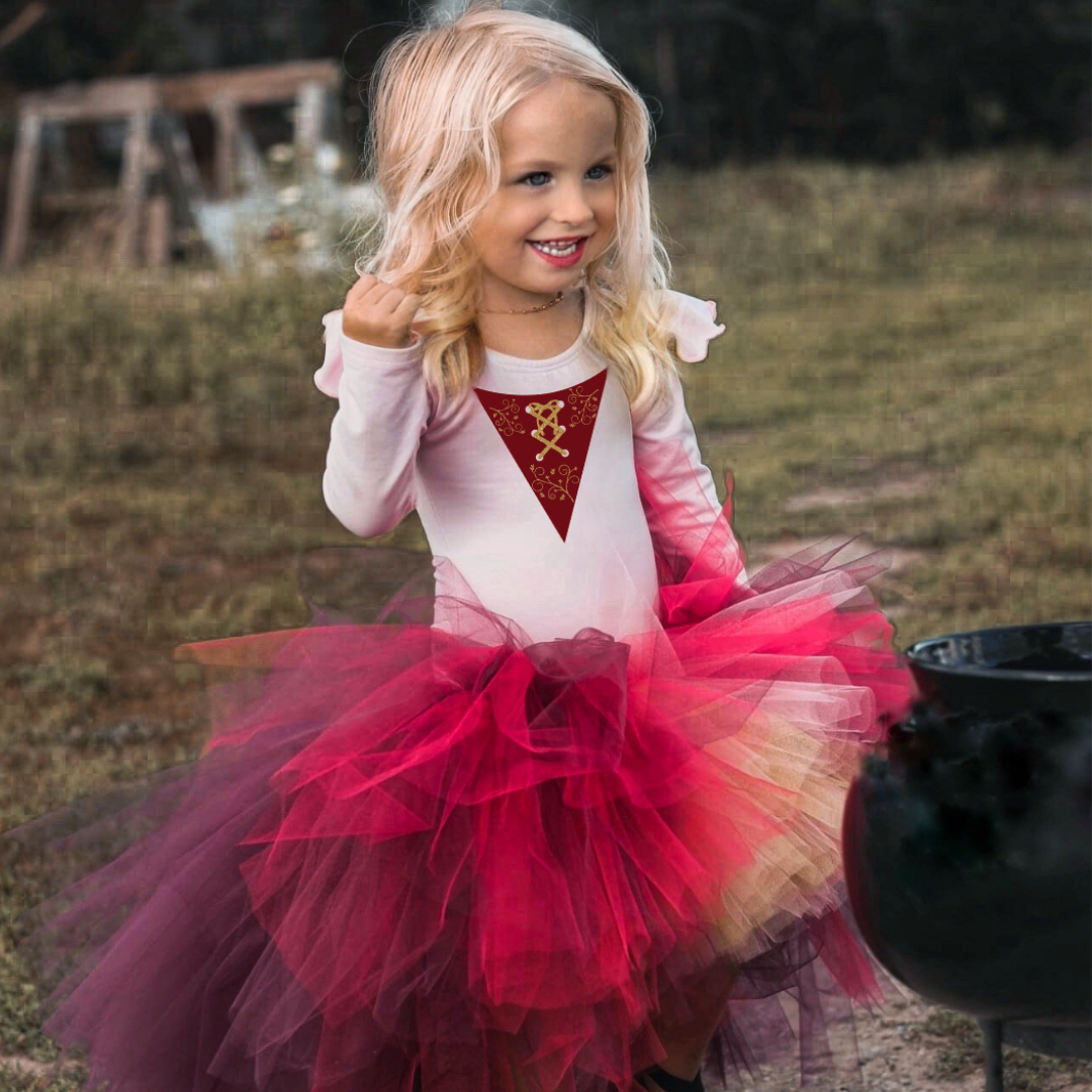 Little girl wearing light pink ruffle long sleeve leotard with "Sarah" inspired design on front.