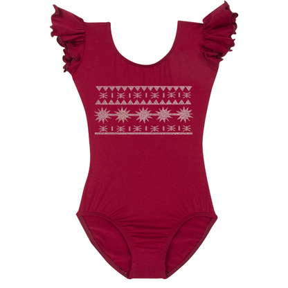 Burgundy short ruffle sleeve leotard with island print in rose gold glitter.