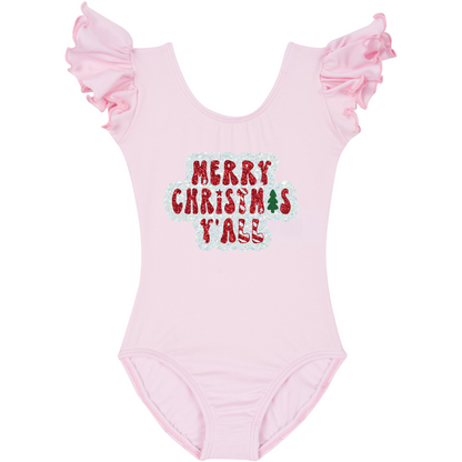 Light Pink Short Ruffle Sleeve Leotard with "Merry Christmas Y'all" in white, red and green glitter vinyl. 