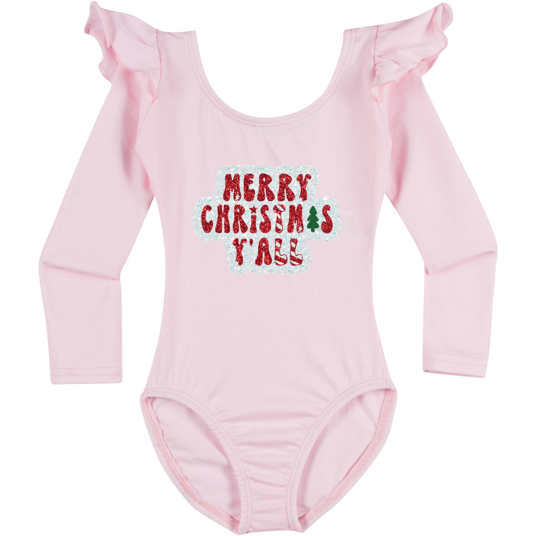 Light Pink Long Ruffle Sleeve Leotard with "Merry Christmas Y'all" in white, red and green glitter vinyl. 