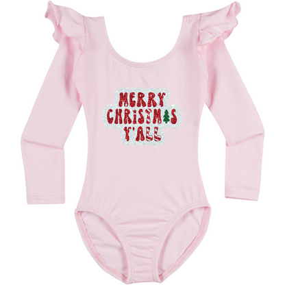 Light Pink Long Ruffle Sleeve Leotard with "Merry Christmas Y'all" in white, red and green glitter vinyl. 