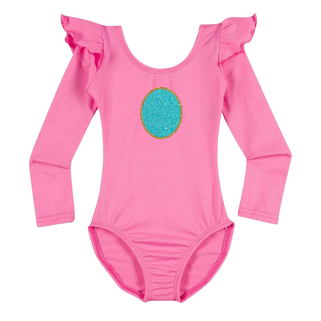 Bright Pink Long Ruffle Sleeve Leotard with Peach Princess details.