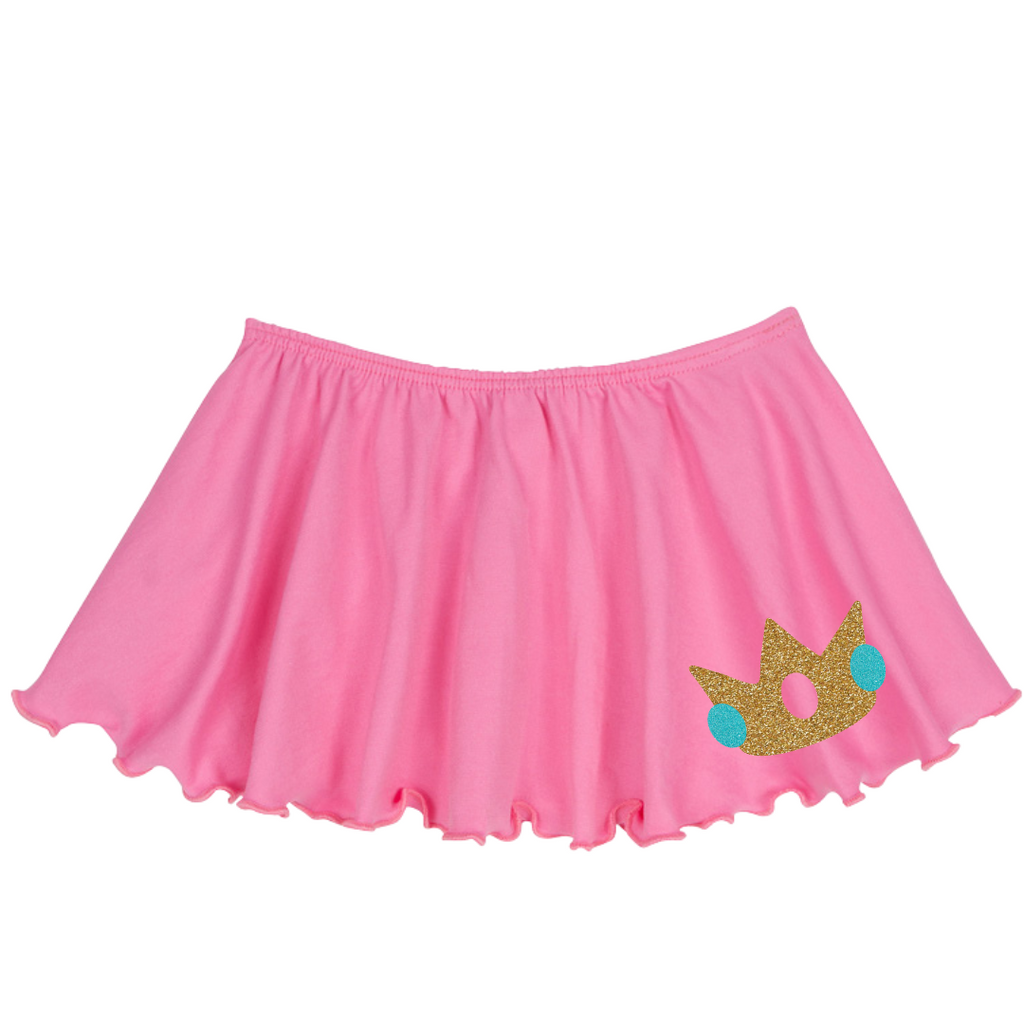 Bright pink flutter skirt with gold and mermaid blue glitter vinyl details to represent a Peach Princess.