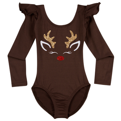 A Brown Long Ruffle Sleeve Leotard with Reindeer Design