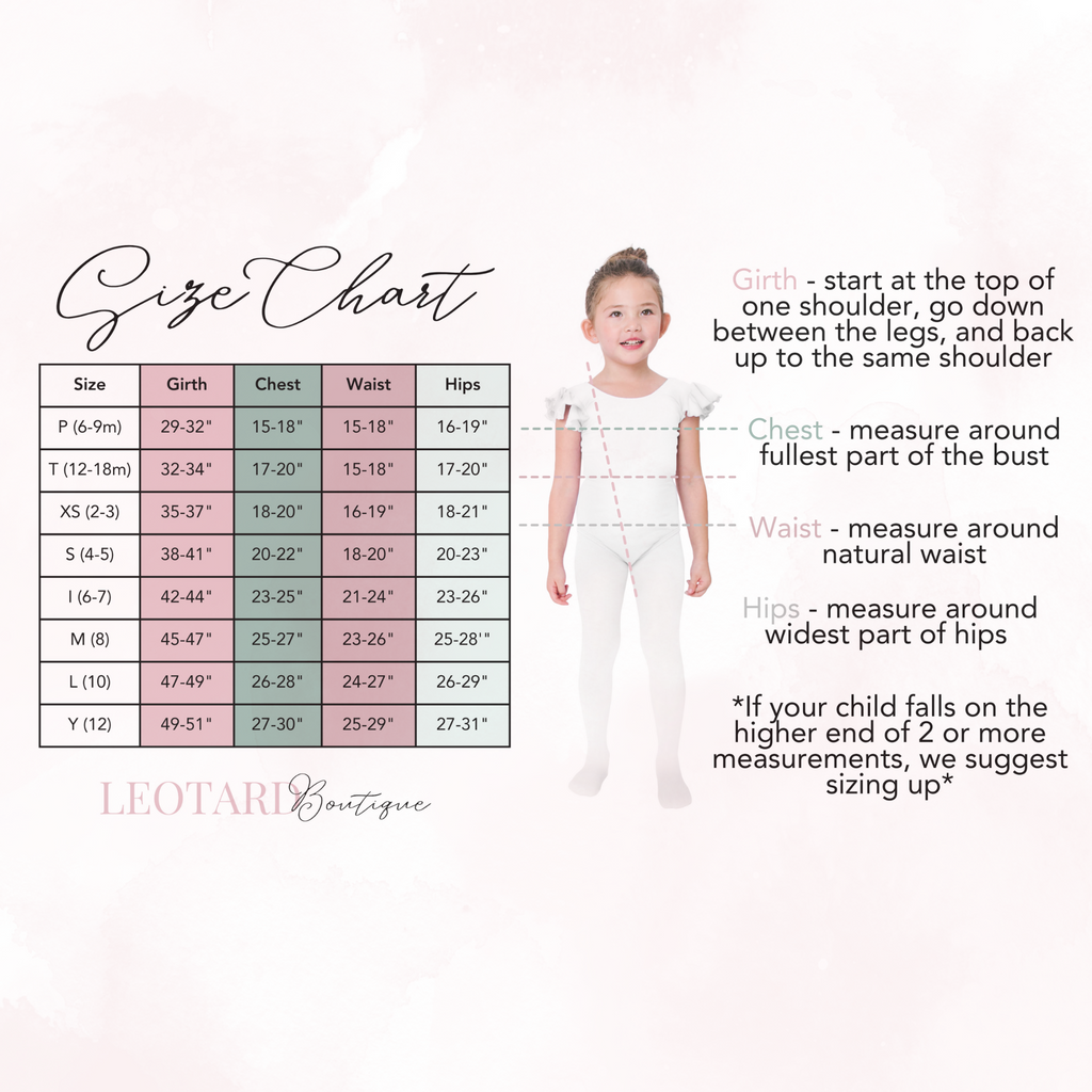 A size chart for Leotard Boutique children's leotards. The chart has columns for size (P, T, XS, S, 1, M, L, Y), girth, chest, waist, and hips. There are also notes about how to measure for each size.