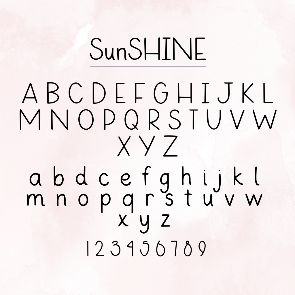 Handwritten uppercase and lowercase alphabet in a whimsical font, from A to Z. The name "Sunshine" is written above the alphabet in the same font.