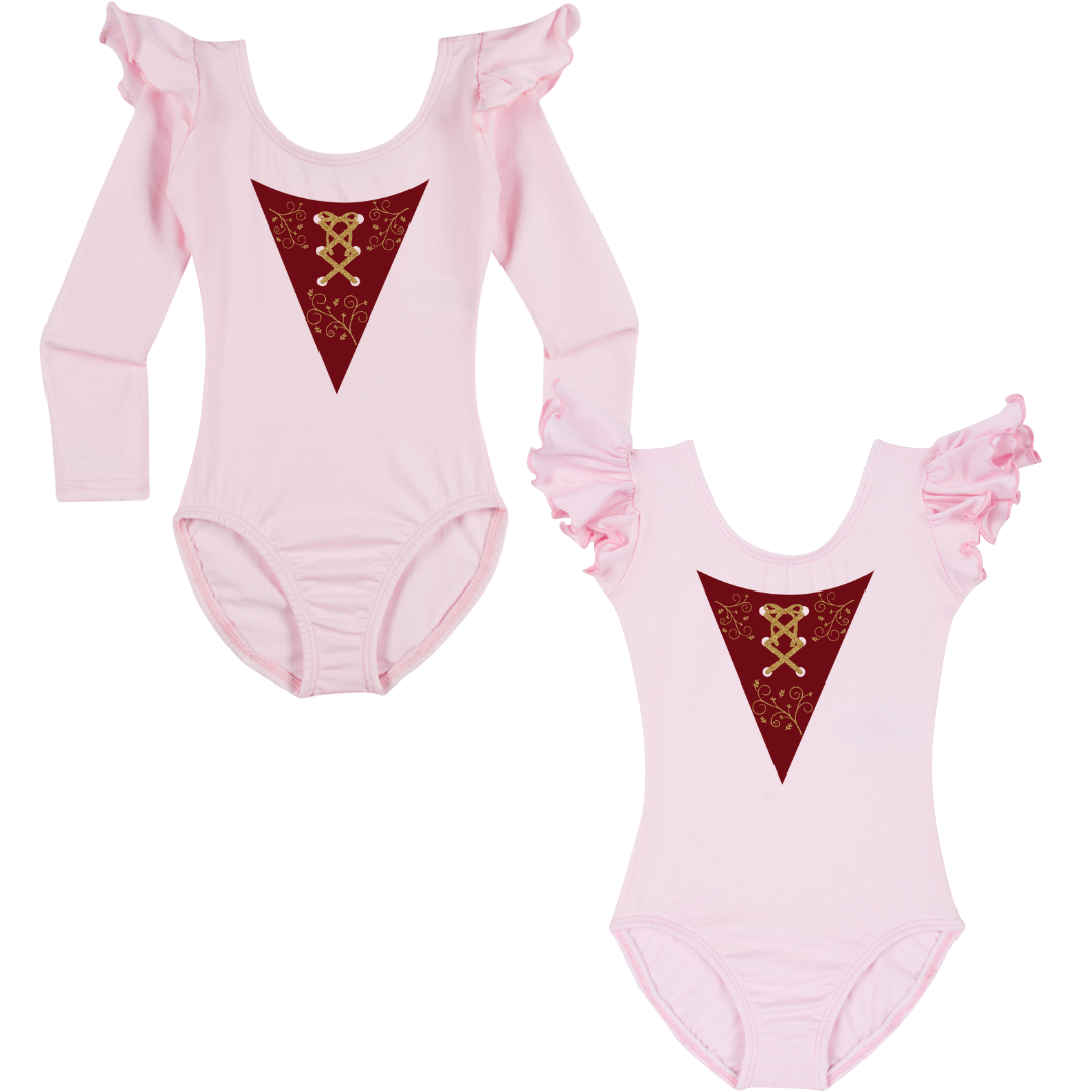 Light pink "Sarah" inspired leotard with smooth burgundy and gold glitter details.