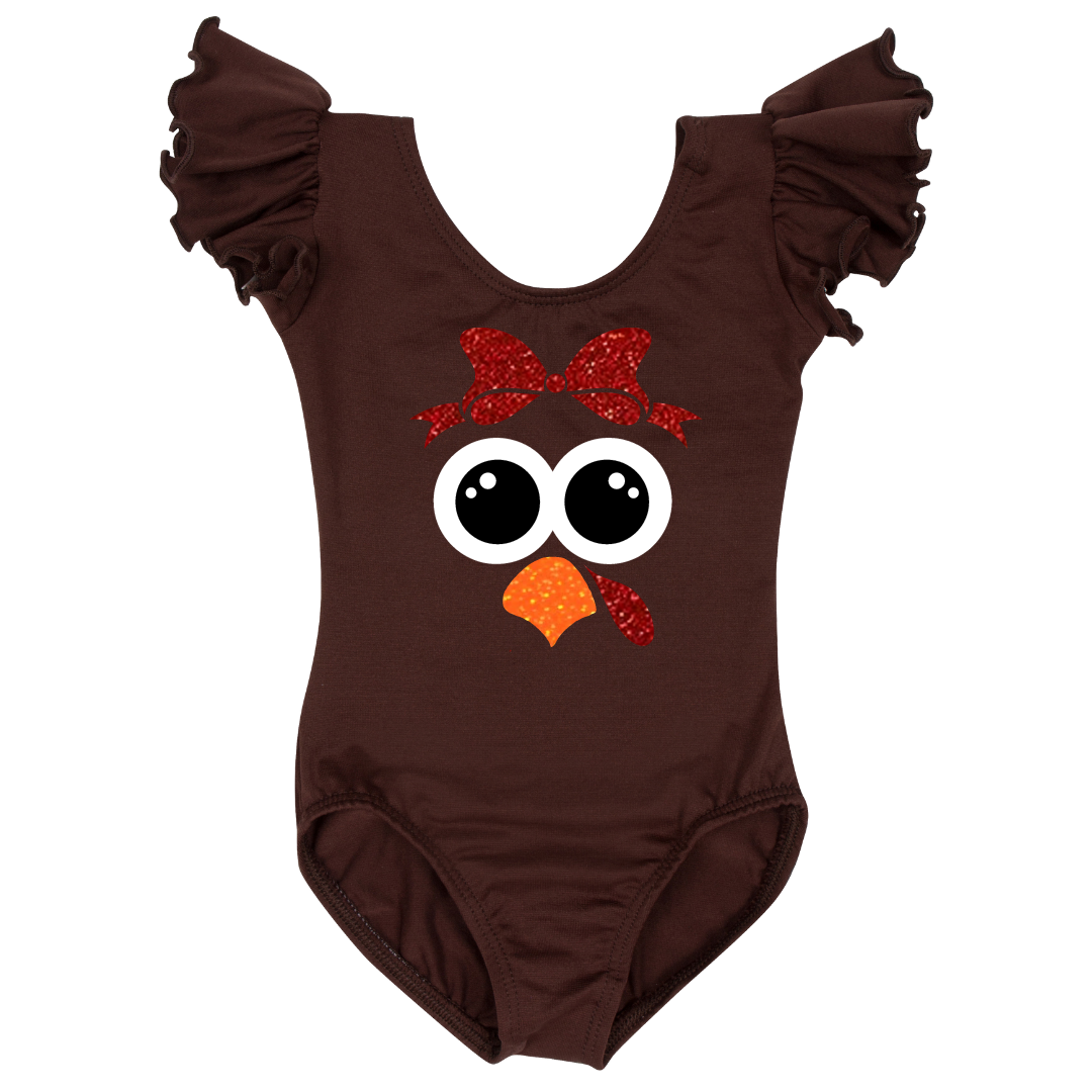 A Brown Short Ruffle Sleeve Leotard with a Turkey Face