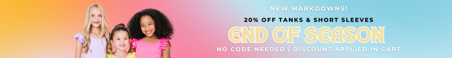 A promotional banner with a bright orange-to-blue gradient background and text reading 'END OF SEASON 20% OFF TANKS AND SHORT SLEEVES' plus 'NO CODE NEEDED | DISCOUNT APPLIED IN CART.' No specific product is clearly shown; this is a marketing graphic rather than a product photo.
