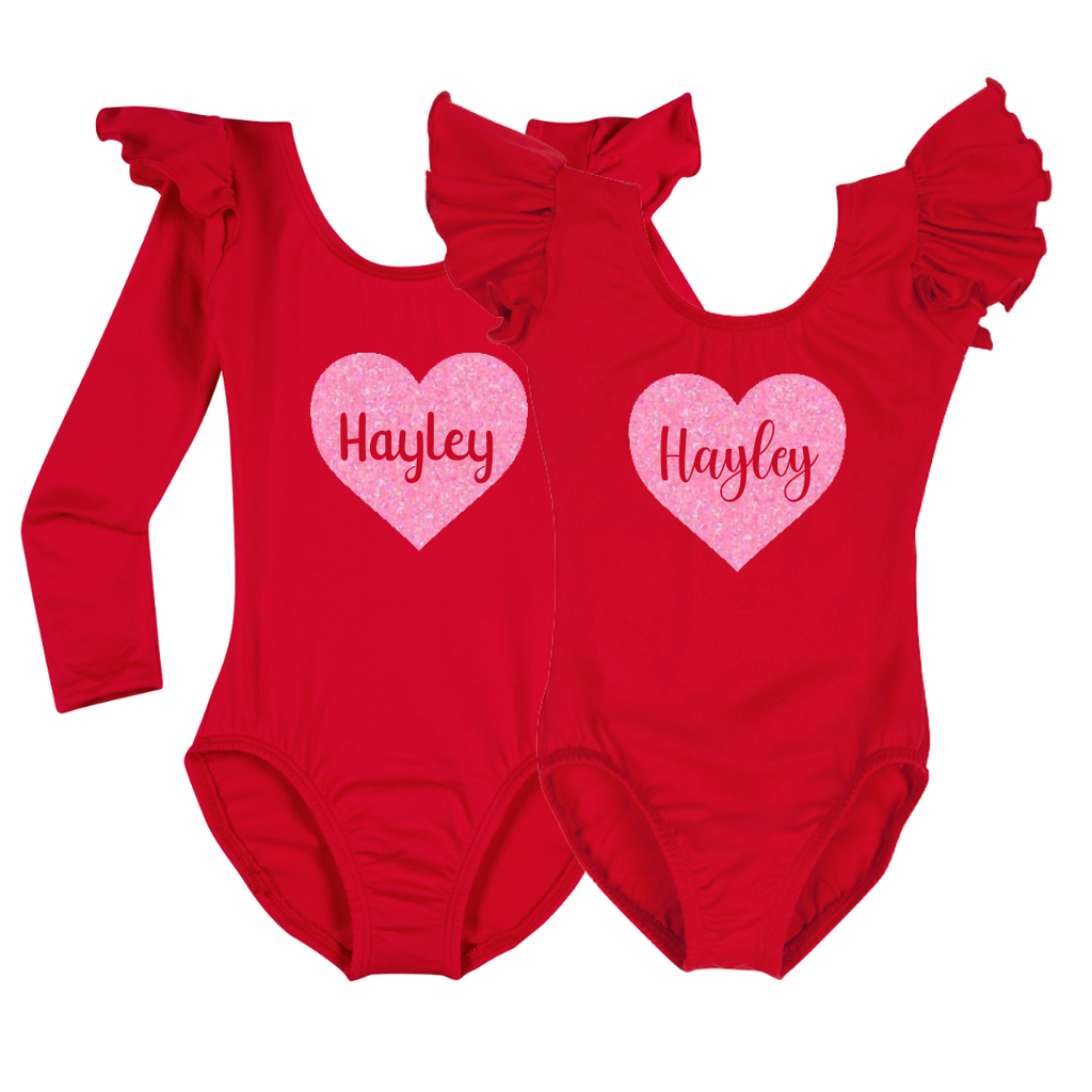 Personalized Heart Toddler & Girls Flutter / Ruffle Sleeve Leotard