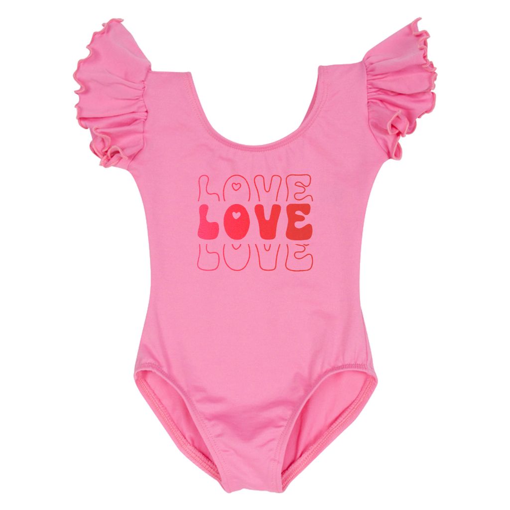 Valentine Retro Love Toddler & Girls Flutter / Ruffle Short Sleeve Leotard
