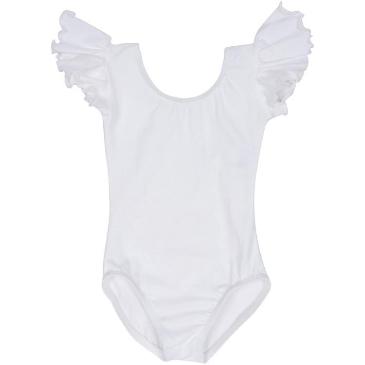 White Lined Leotard with Flutter/Ruffle Short Sleeve for Toddlers & Girls