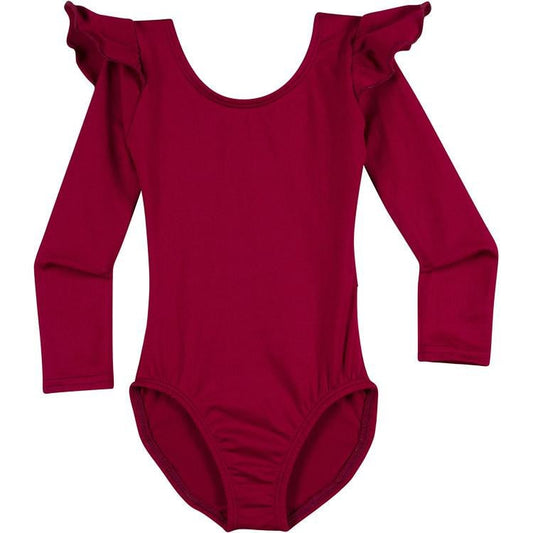 Burgundy Girls Long Sleeve Ruffle Ballet Dance Leotard